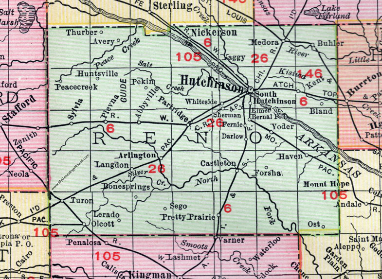 Reno County, Kansas, 1911, Map, Hutchinson, Nickerson, Haven, Turon, Sylvia, Arlington, Pretty Prairie, Langdon, Partridge, Yaggy, Plevna, Abbyville, Yoder, Buhler, Medora, Thurber, Ost, Sego, Forsha, Olcott, Lerado, Castleton