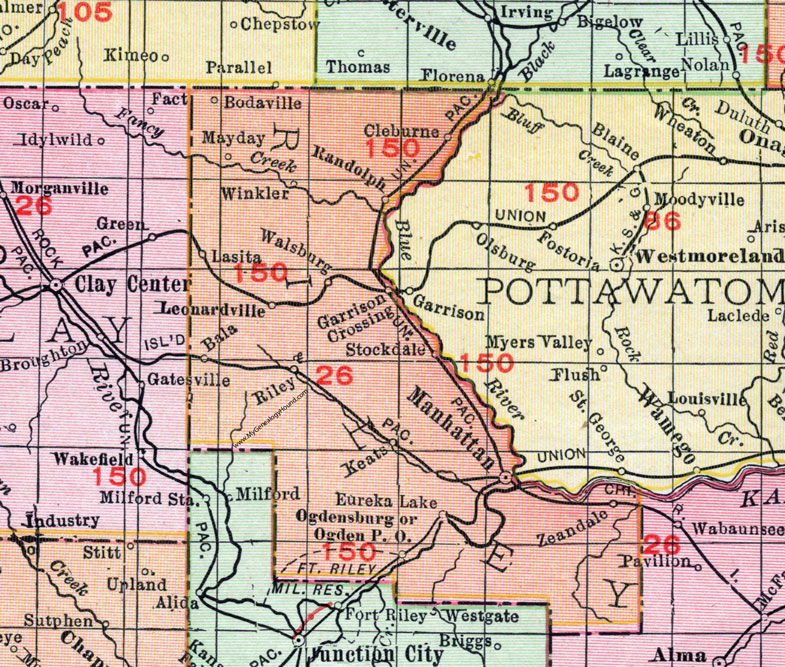 Riley County, Kansas, 1911, Map, Manhattan, Ogden, Randolph, Fort Riley, Riley City, Leonardville, Bala, Cleburne, Bodaville, Mayday, Winkler, Walsburg, Lasita, Stockdale, Keats, Eureka Lake, Zeandale, Ogdensburg