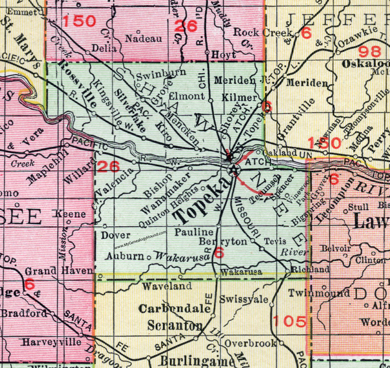 Shawnee County, Kansas, 1911, Map, Topeka, Silver Lake, Auburn, Tecumseh, Willard, Dover, Wakarusa, Berryton, Richland, Grove, Elmont, Swinburn, Kiro, Rossville, Kingsville, Kilmer, Shorey, Wanamaker, Valencia, Bishop, Tevis, Vinewood Park