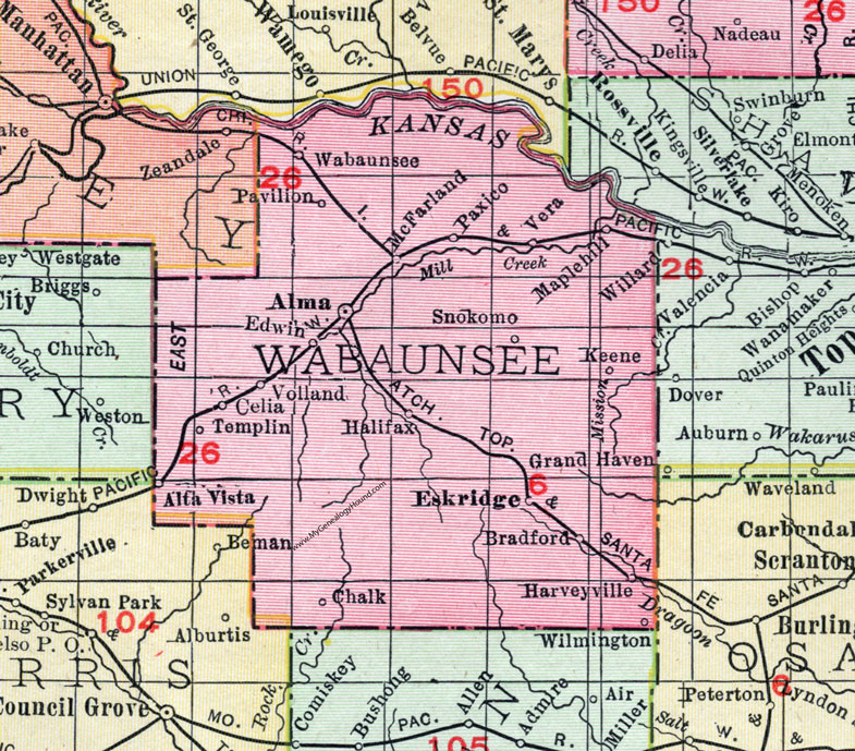Wabaunsee County, Kansas, 1911, Map, Alma, Alta Vista, Eskridge, Harveyville, Maple Hill, Paxico, McFarland, Volland, Templin, Snokomo, Keene, Halifax, Pavilion, Vera, Bradford, Chalk, Celia, Edwin, Wilmington