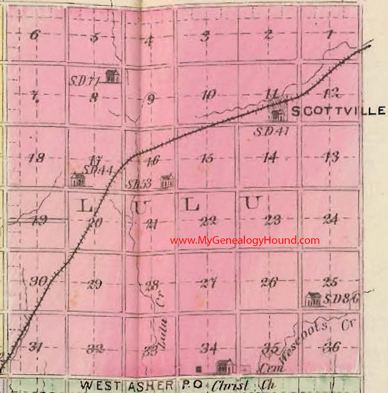 Lulu Township, Mitchell County, Kansas 1887 Map Scottville, West Asher, KS