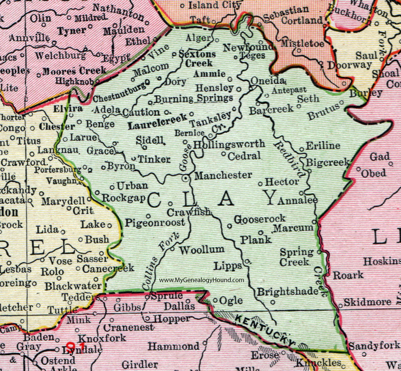 Clay County, Kentucky 1911 Rand McNally Map Manchester, Goose Rock, Oneida, Burning Springs, Teges, Antepast, Eriline, Marcum, Woollum, Brightshade, Benge, Chestnutburg, Sidell, Alger, Cedral, KY