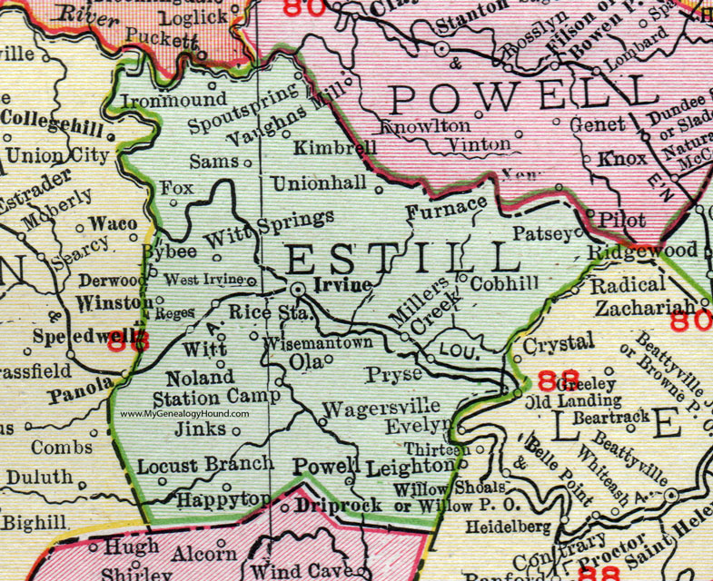 Estill County, Kentucky 1911 Rand McNally Map Irvine, Witt Springs, Happy Top, Kimbrell, Winston, Wisemantown, Pryse, Wagersville, Spout Springs, Ola, Noland, Powell, Jinks, Rice Station, Locust Branch, KY