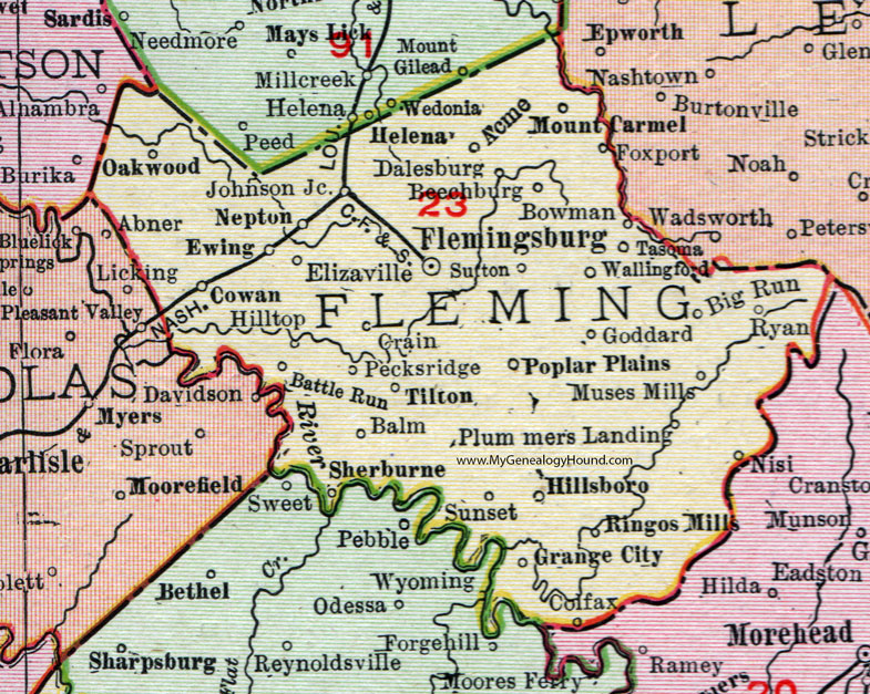 Fleming County, Kentucky 1911 Rand McNally Map Flemingsburg, Hillsboro, Elizaville, Mount Carmel, Ringos Mills, Cowan, Sherburne, Muses Mills, Goddard, Tasoma, Wallingford, Tilton, Nepton, Ewing, Beechburg, KY