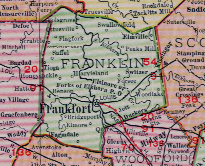 Franklin County, Kentucky 1911 Rand McNally Map Frankfort, Peaks Mill, Elsinore, Switzer, Elmville, Tioga, Ottusville, Polsgrove, Swallowfield, Forks of Elkhorn, Farmdale, Forsee, Elmore, Saffel, Scrabble, Kissinger, KY