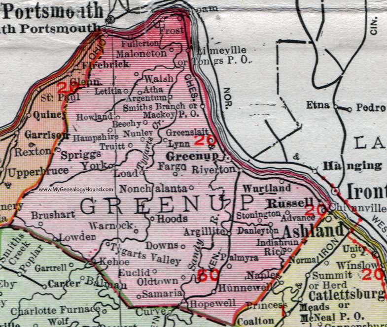 Greenup County, Kentucky 1911 Rand McNally Map Russell, South Portsmouth, Danleyton, Palmyra, Hunnewell, Samaria, Kehoe, Warnock, Brushart, Maloneton, Argentum, Greenslait, Nonchalanta, Tygarts Valley, Argillite, Chinnville, KY