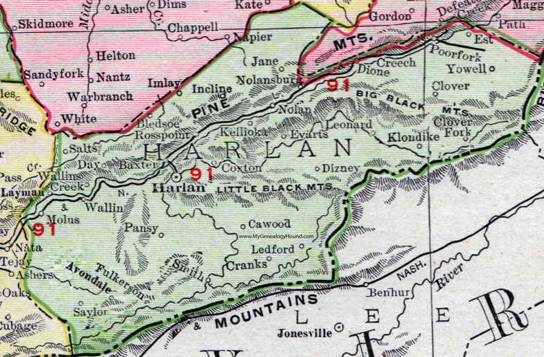 Harlan County, Kentucky 1911 Rand McNally Map Cawood, Dizney, Klondike, Dione, Creech, Kellioka, Coxton, Ledford, Cranks, Bledsoe, Wallin, Avondale, Fulkerson, Saylor, Yowell, Molus, KY
