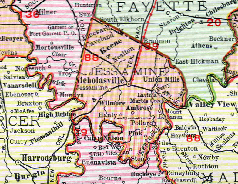 Jessamine County, Kentucky 1911 Rand McNally Map Nicholasville, Wilmore, Keene, Nealton, Union Mills, Lavinia, Ambrose, Hanly, Pollard, Mount Lebanon, Brannon, Spears, Marble Creek, Perry, KY