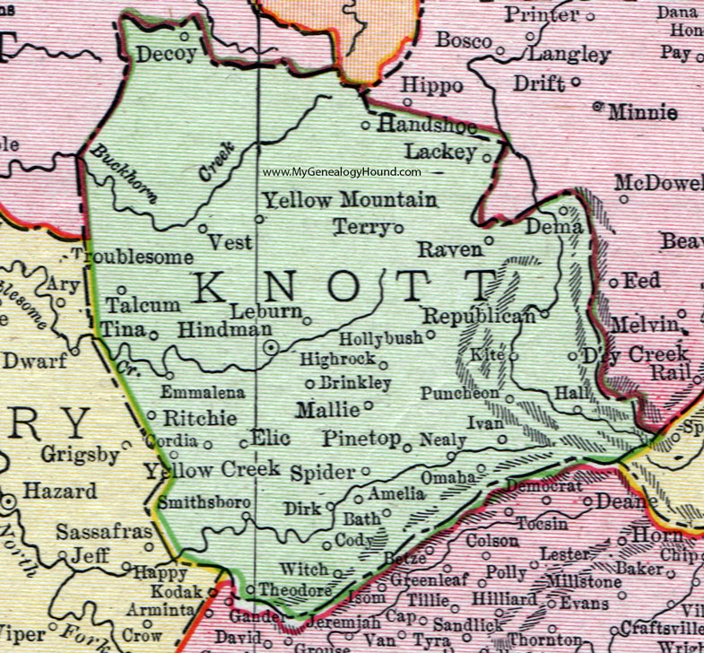 Knott County, Kentucky 1911 Rand McNally Map Hindman, Pine Top, Leburn, Handshoe, Lackey, Vest, Emmalena, Ritchie, Smithsboro, Mallie, Nealy, Omaha, Amelia, Cody, KY