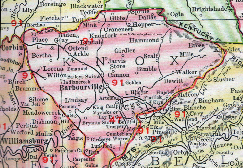 Knox County, Kentucky 1911 Rand McNally Map Barbourville, Artemus, Corbin, Gray, Flatlick, DeWitt, Girdler, Hopper, Lindsay, Himyar, Bimble, Jarvis Store, Ostend, Arkle, KY