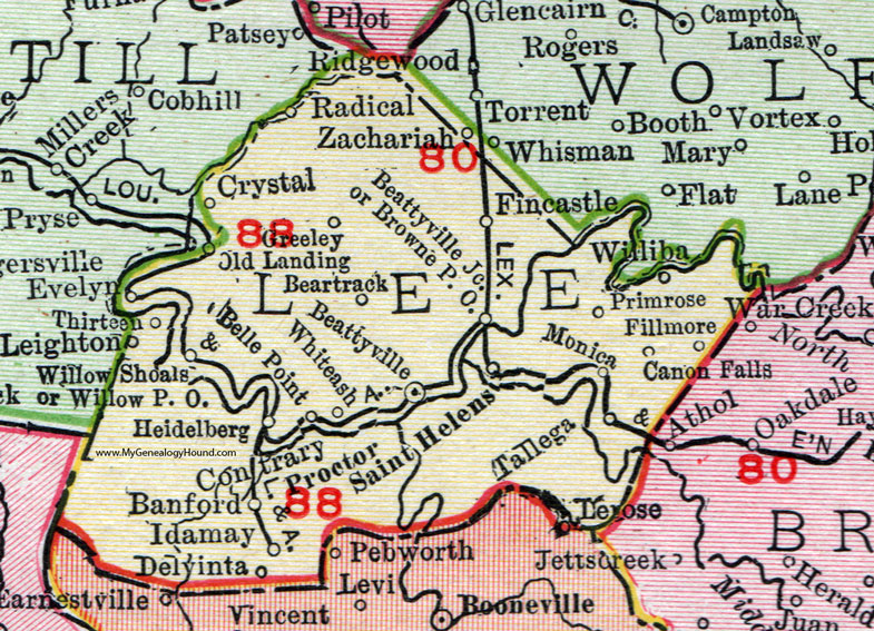 Lee County, Kentucky 1911 Rand McNally Beattyville, Saint Helens, Heidelberg, Proctor, Tallega, Primrose, Banford, Idamay, Delvinta, Contrary, Fincastle, Canon Falls, Greeley, KY