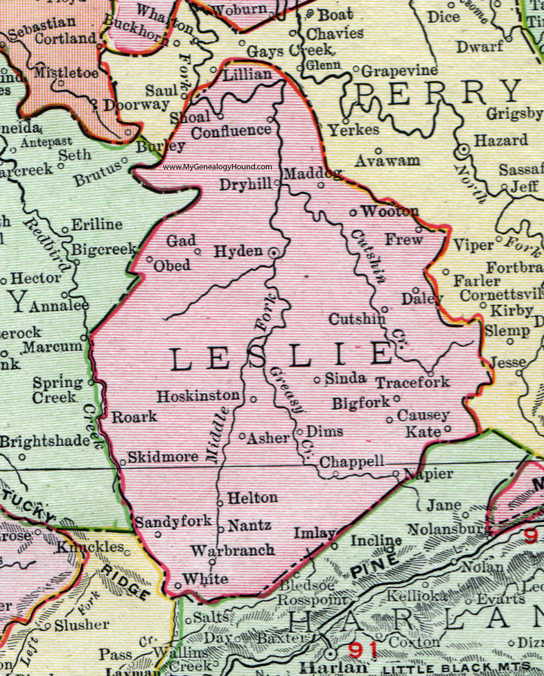 Leslie County, Kentucky 1911 Rand McNally Hyden, Wooton, Hoskinston, Warbranch, Nantz, Helton, Asher, Dims, Chappell, Sinda, Cutshin, Causey, Roark, Maddog, Sinda, KY