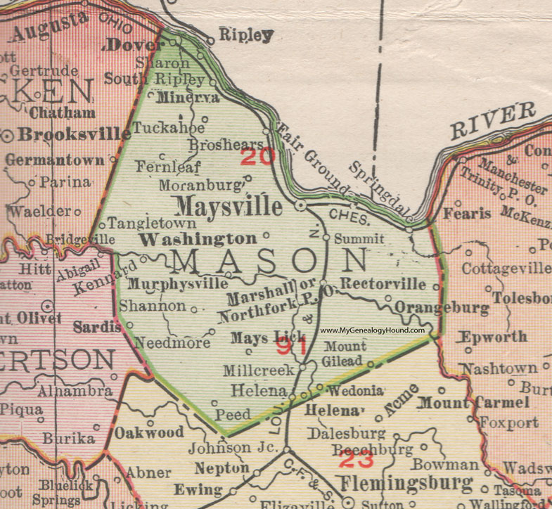 Mason County, Kentucky 1911 Rand McNally Maysville, Washington, Dover, Minerva, Orangeburg, Rectorville, Mount Gilead, Mays Lick, Murphysville, Tangletown, Moranburg, Broshears, Tuckahoe, Fernleaf, Kennard, Needmore, KY