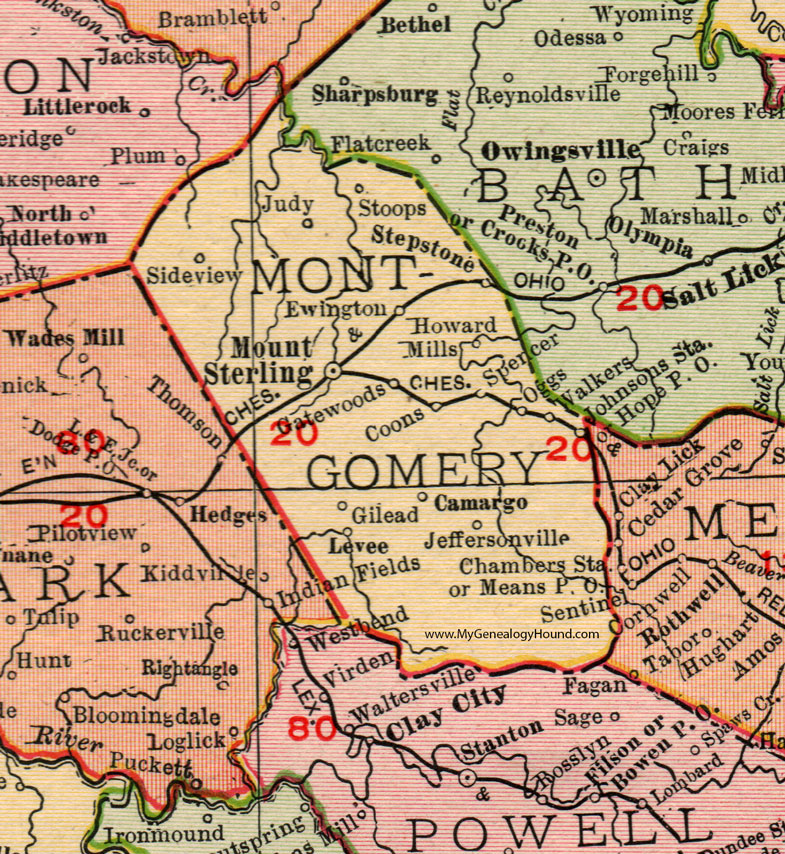 Montgomery County, Kentucky 1911 Rand McNally Mount Sterling, Camargo, Stepstone, Ewington, Howard Mills, Oggs, Jeffersonville, Levee, Coons, Stoops, Spencer, Gilead, Gatewoods, Sideview, KY
