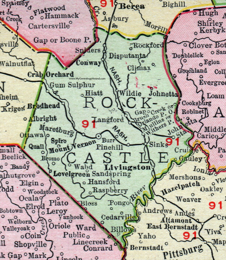 Rockcastle County, Kentucky 1911 Rand McNally, Mount Vernon, Livingston, Brodhead, Hansford, Pongo, Wildie, Disputanta, Rockford, Gauley, Raspberry, Level Green, Ottawa, Maretburg, Spiro, Bromo, KY