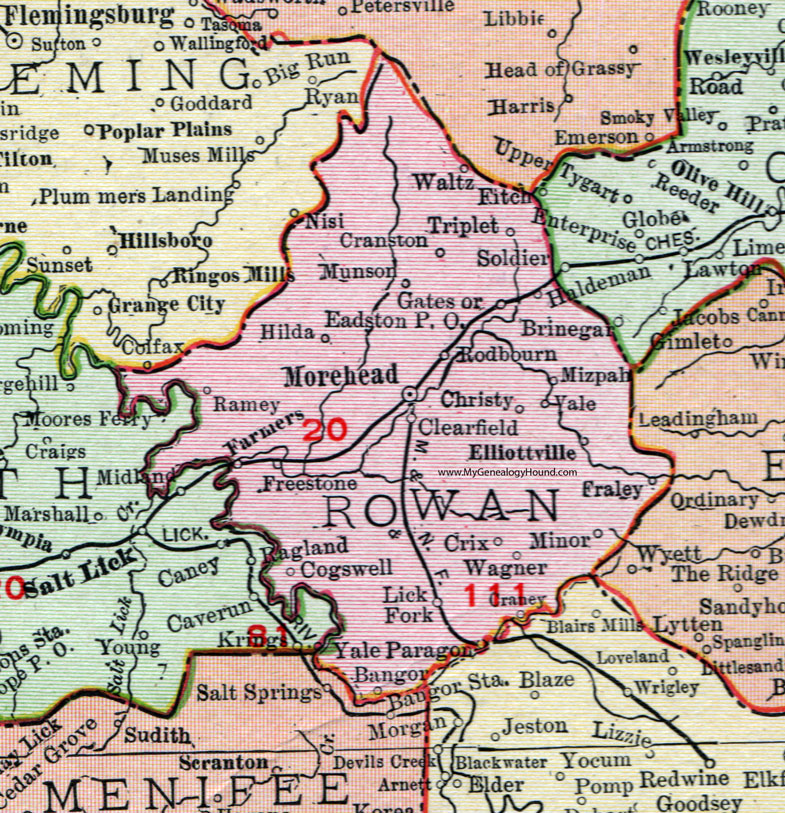 Rowan County, Kentucky 1911 Rand McNally, Morehead, Clearfield, Elliottville, Farmers, Munson, Eadston, Fraley, Wagner, Cogswell, Paragon, Ramey, Triplet, Waltz, Cranston, Rodbourn, KY