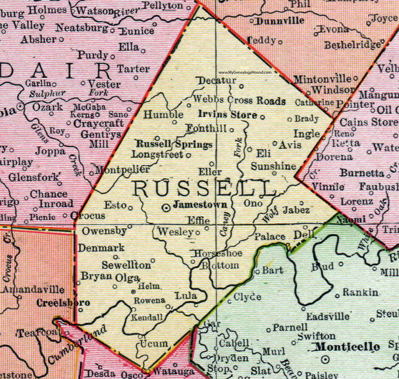 Russell County, Kentucky 1911 Rand McNally, Jamestown, Russell Springs, Esto, Decatur, Humble, Longstreet, Owensby, Denmark, Sewellton, Rowena, Ucum, Jabez, Avis, Dell, Effie, KY