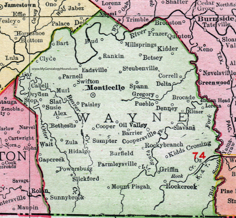 Wayne County, Kentucky 1911 Rand McNally, Monticello, Steubenville, Zula, Sumpter, Burfield, Coopersville, Brocade, Pueblo, Denney, Kidder, Slavans, Parmleysville, Hidalgo, Paisley, Rankin, KY