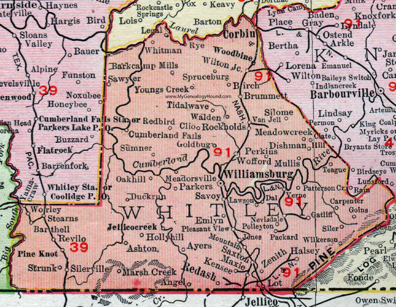 Whitley County, Kentucky 1911 Rand McNally, Williamsburg, Emlyn, Woodbine, Rockholds, Gatliff, Saxton, Corbin, Strunk, Revilo, Worley, Barthell, Stearns, Redash, Wofford, Spruceburg, KY
