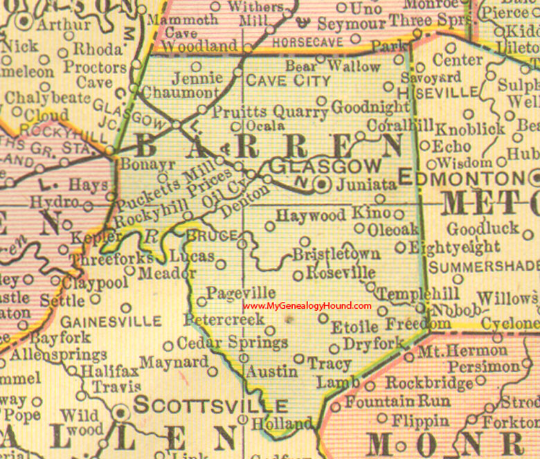 Barren County, Kentucky 1905 Map Glasgow, KY, Austin, Cave City, Hiseville, Park City, Temple Hill, Roseville, Eighty Eight, Coral Hill, Kino, Pucketts Mill