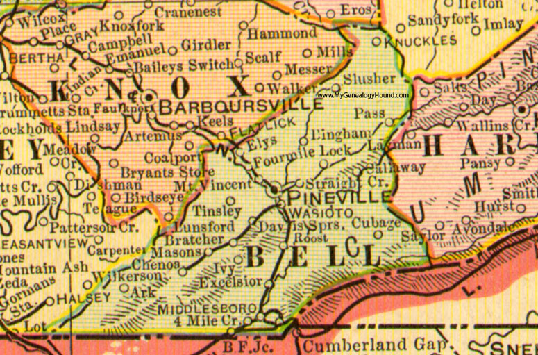 Bell County, Kentucky 1905 Map Pineville, Middlesboro, Fourmile, Bratcher, Callaway, Cubage, Elys, Knuckles, Tinsley