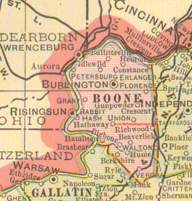 Boone County, Kentucky vintage 1905 map, Burlington, Florence, Constance, Beaversville, Gun Powder, Hebron, Idlewild, Rabbit Hash, KY