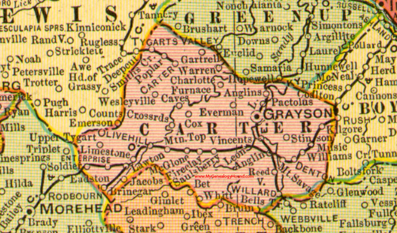 Carter County, Kentucky 1905 Map Grayson, Olive Hill, Soldier, Pactolus, Anglins, Brinegar, Gartrell, McGlone, Saulsberry, Wesleyville, Everman