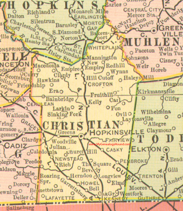 Christian County, Kentucky vintage 1905 Map Hopkinsville, Crofton, Gracey, Lafayette, Oak Grove, Pembroke, Bainbridge, Casky, Clardy, Garrettsburg, Herndon, Laytonsville, KY