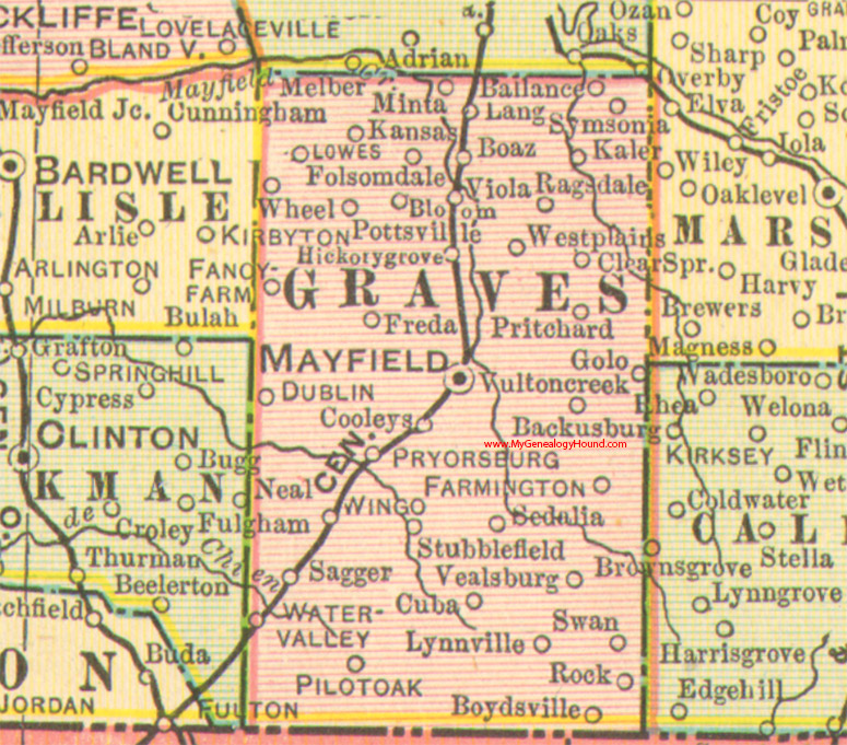 Graves County, Kentucky 1905 Map Mayfield, Lowes, Fancy Farm, Hickory Grove, Sedalia, Wingo, Water Valley, Symsonia, KY