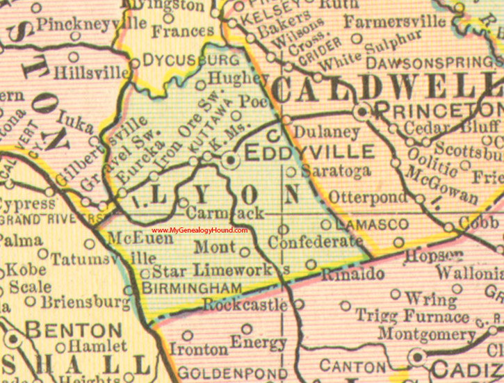 Lyon County, Kentucky vintage 1905 map, Eddyville, Kuttawa, Carmack, Confederate, Hughey, Lamasco, Rinaldo, Star Lime Works, KY