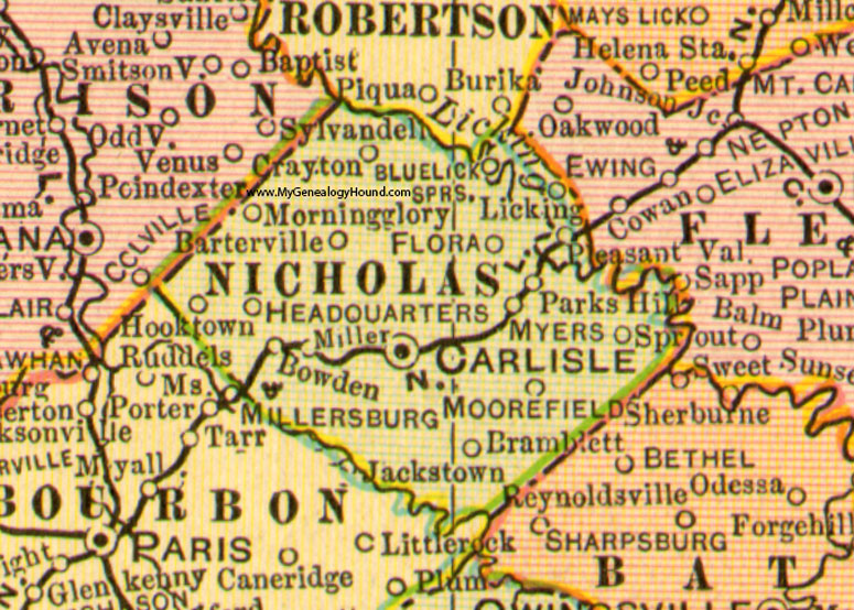 Nicholas County, Kentucky 1905 Map Carlisle, Crayton, Flora, Headquarters, Hooktown, Moorefield, Morning Glory, Sprout, Pleasant Valley