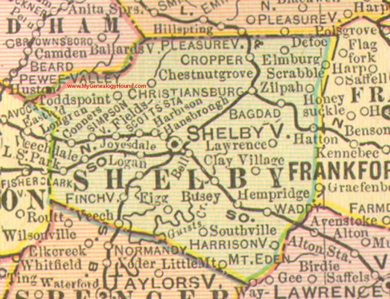 Shelby County, Kentucky 1905 Map Shelbyville, KY, Bagdad, Simpsonville, Waddy, Veechdale, Waddy, Christianburg, Finchville, Hansbrough, Harrisonville, Scrabble, Southville, Pleasureville
