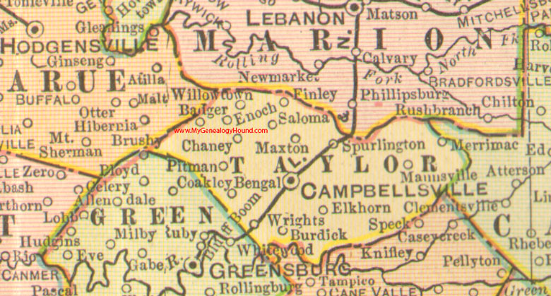 Taylor County, Kentucky 1905 Map Campbellsville, KY, Elk Horn, Mannsville, Burdick, Chaney, Enoch, Maxton, Merrimac, Pitman, Saloma, Spurlington