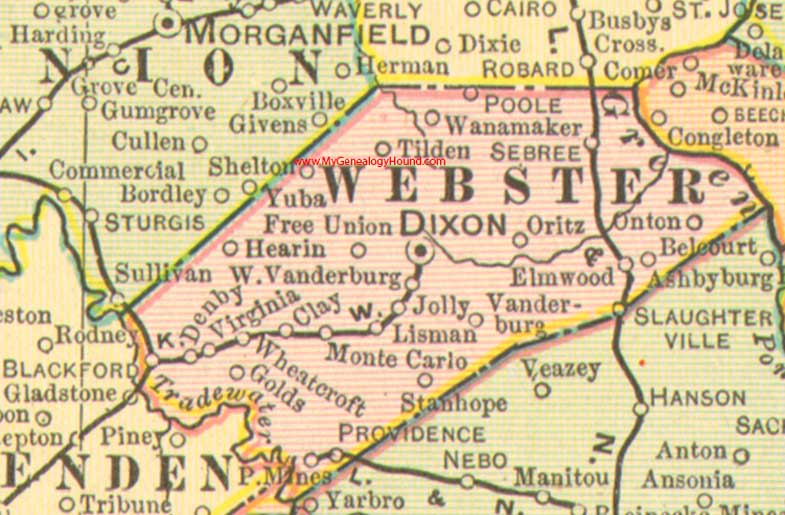 Webster County, Kentucky 1905 vintage map, Dixon, Clay, Sebree, Providence, Blackford, Poole, Slaughters, Wheatcroft, KY