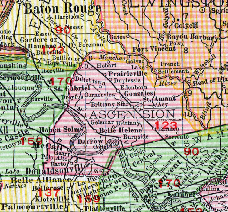 Ascension Parish, Louisiana, 1911, Map, Rand McNally, Donaldsonville, Gonzales, St. Amant, Brittany, Duplessis, Prairieville, Sorrento, McCall