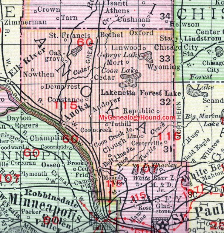 Anoka County Minnesota, map, Andover, Anoka City, Fridley, Centerville, Bethel, Lino Lakes, Nowthen, Oak Grove, St. Francis, 1912