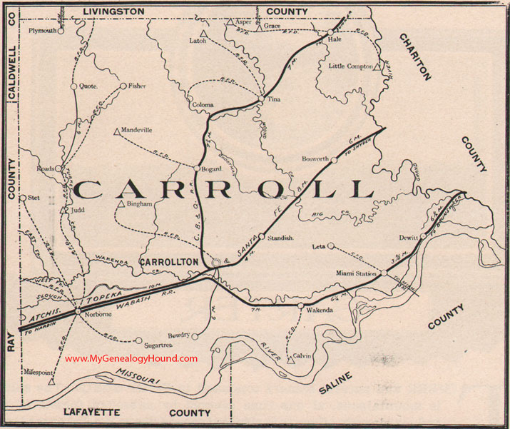 Carroll County Missouri Map 1904 Carrollton, Norborne, Hale, Bosworth, Tina, Bogard, Wakenda, Dewitt, Stet, MO