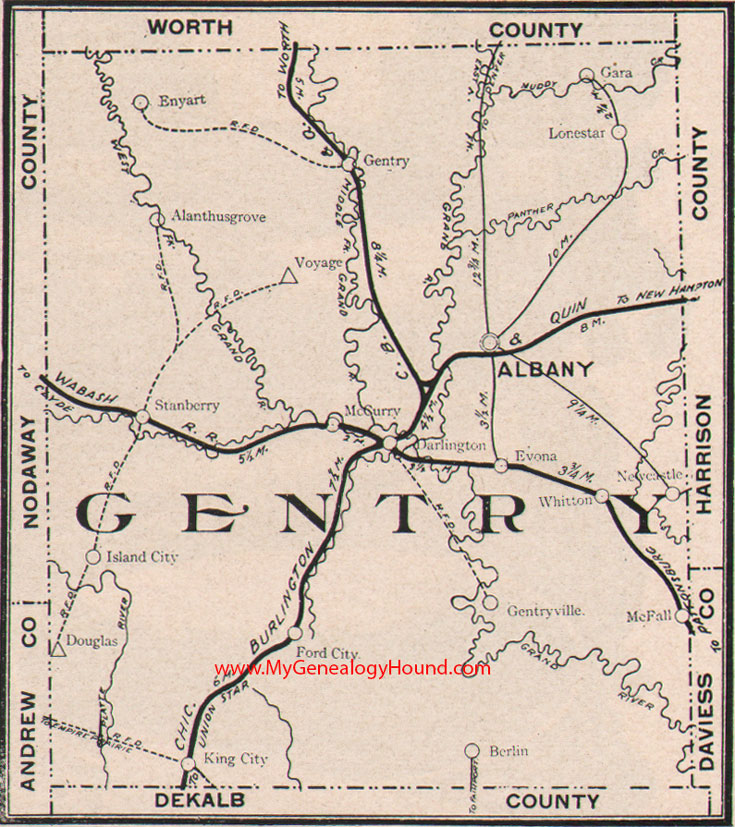 Gentry County Missouri Map 1904 Albany, Stanberry, King City, McFall, Darlington, Ford City, Evona, McCurry, MO