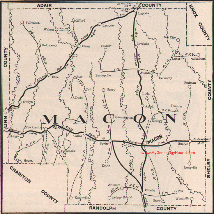 Macon County Missouri Map 1904 Callao, Bevier, New Cambria, Atlanta, Anabel, Elmer, Ethel, Excello, La Plata, Gifford, MO