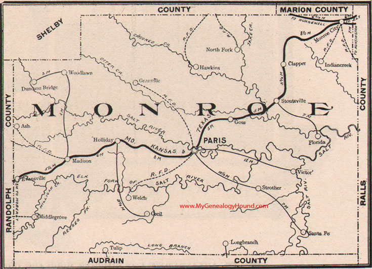 Monroe County Missouri Map 1904 Paris, Monroe City, Stoutsville, Madison, Holliday, Indian Creek, Florida, MO