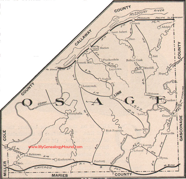 Osage County Missouri Map 1904 Linn, Westphalia, Bonnots Mill, Loose Creek, Rich Fountain, Meta, Koeltztown, Freeburg, MO