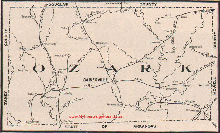 Ozark County Missouri Map 1904 Gainesville, Isabella, Zanoni, Tecumseh, Theodosia, Rockbridge, Sycamore, MO