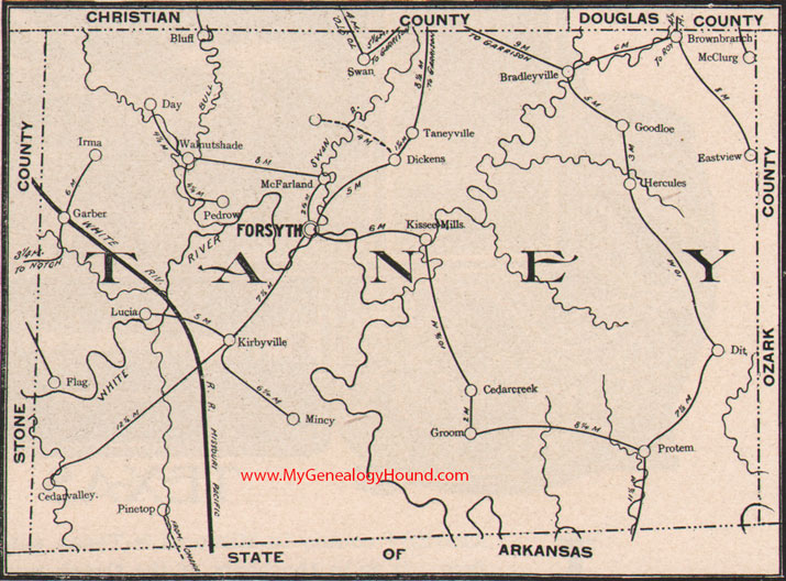 Taney County Missouri Map 1904 Forsyth, Kirbyville, Walnut Shade, Taneyville, Kissee Mills, Protem, Brownbranch, MO