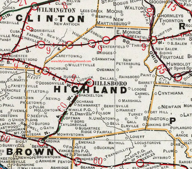 Highland County, Ohio 1901 Map Hillsboro, Leesburg, Greenfield, Lynchburg, Mowrystown, Buford, Dodsonville, Marshall, Gath, Sugar Tree Ridge, OH