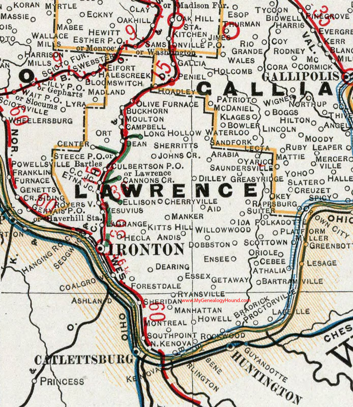 Lawrence County, Ohio 1901 Map Ironton, Athalia, Scottown, Willow Wood, Aid, Kitts Hill, Bartles, Arabia, Waterloo, Coal Grove, OH