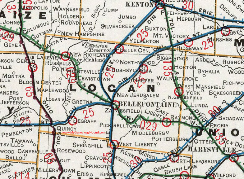 Logan County, Ohio 1901 Map Bellefontaine, West Liberty, DeGraff, Quincy, Rushsylvania, Belle Center, Russells Point, Lakeview, Huntsville, West Mansfield, OH