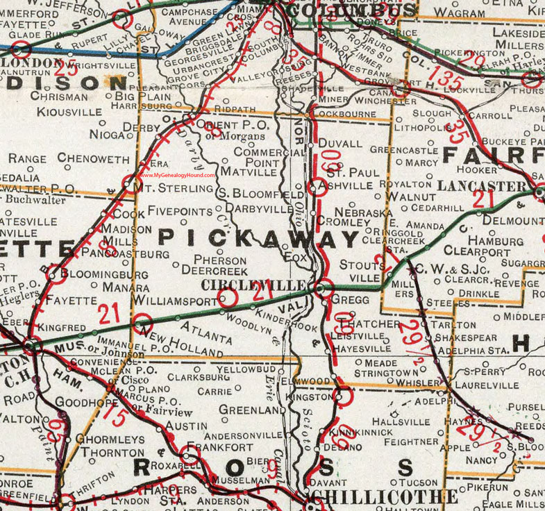 Pickaway County, Ohio 1901 Map, Circleville, New Holland, Orient, Derby, Darbyville, Williamsport, South Bloomfield, Ashville, Walnut, Kinderhook, OH