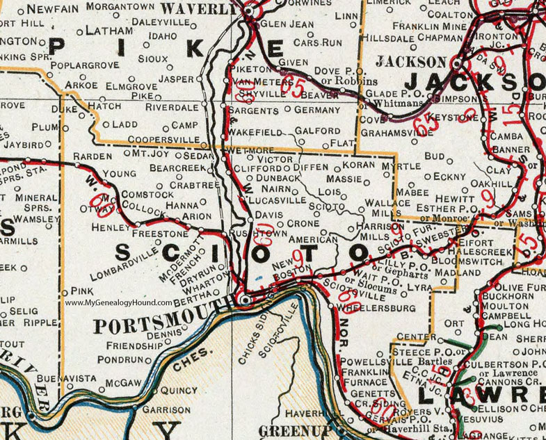 Scioto County, Ohio 1901 Map, Portsmouth, New Boston, Sciotoville, Wheelersburg, South Webster, McDermott, Lucasville, Rarden, Otway, Franklin Furnace, OH