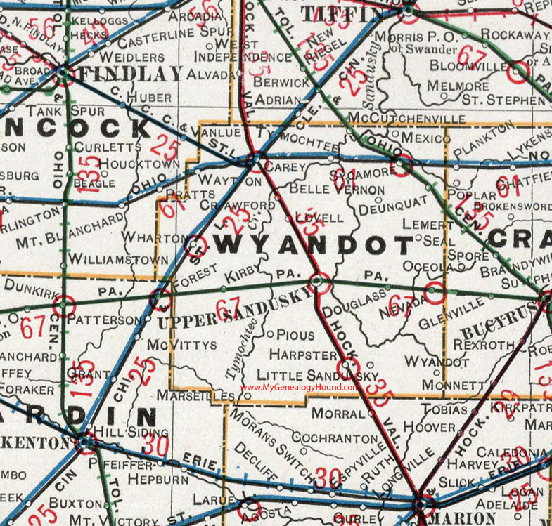 Wyandot County, Ohio 1901 Map, Upper Sandusky, Nevada, Wharton, Harpster, Marseilles, Kirby, McCutchenville, Carey, Sycamore, Pious, OH