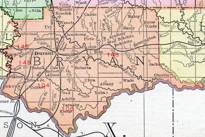 Bryan County, Oklahoma 1911 Map, Rand McNally, Durant, Caddo, Calera, Bokchito, Bennington, Achille, Colbert, Kemp, Platter, Mead, Silo, Kenefic, Albany